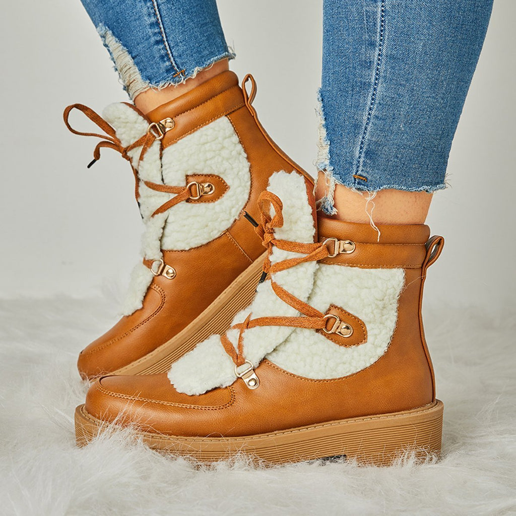 Prettyava Women Faux Shearling Stiching Lace Up Snow Boots