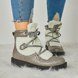 Prettyava Women Faux Shearling Stiching Lace Up Snow Boots