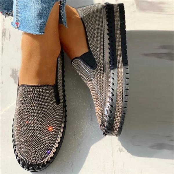 Prettyava Women Casual Fashion Rhinestone Slip-on Loafers/ Sneakers