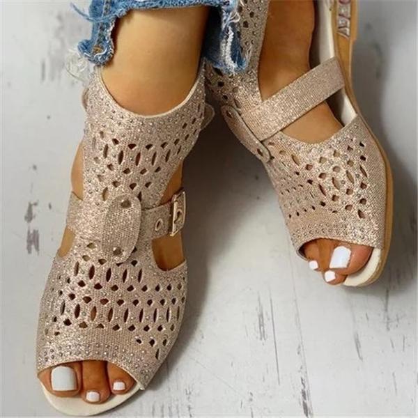 Prettyava Studded Hollow Out Peep Toe Buckled Sandals