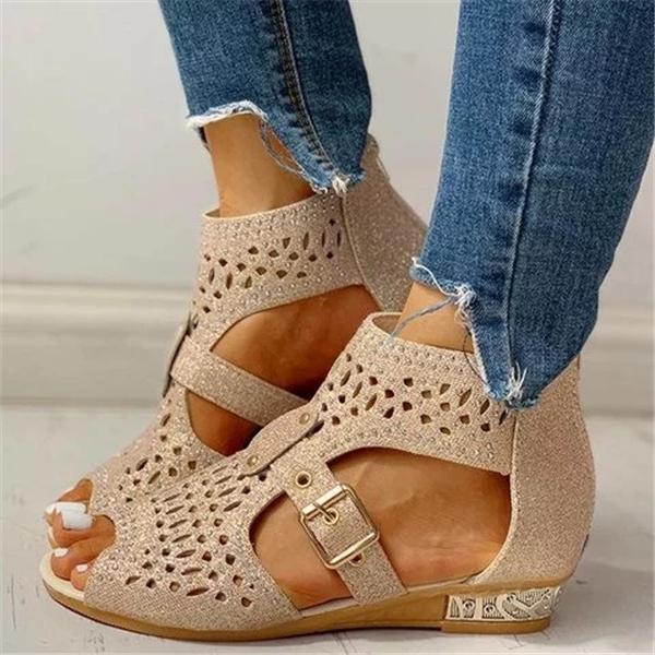 Prettyava Studded Hollow Out Peep Toe Buckled Sandals