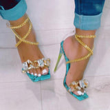 Prettyava Noble Gold Chain Large Crystal High Heel Sandals