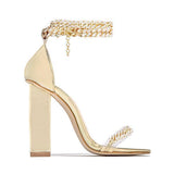 Prettyava Gold-Tone Chain Embellished Ankle Strap Chunky Heels