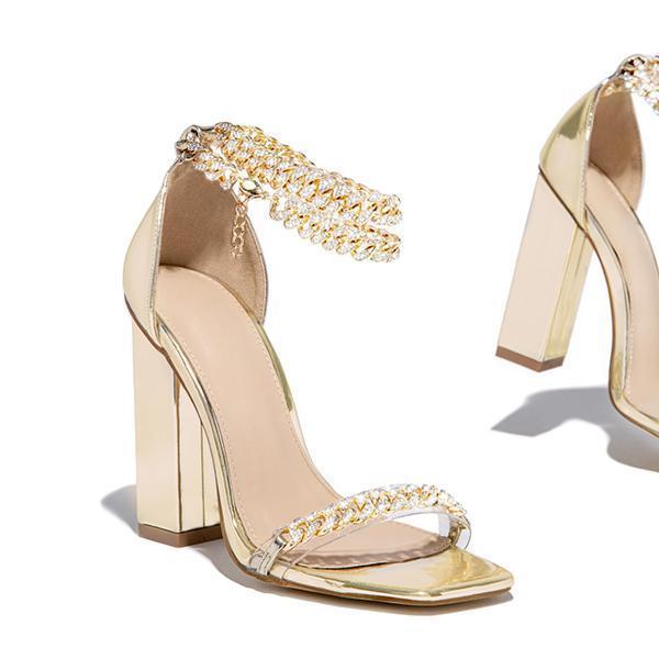 Prettyava Gold-Tone Chain Embellished Ankle Strap Chunky Heels