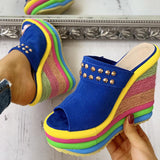 Women'S Fish Mouth Slippers Color Matching Rainbow Shoes Wedge Sandals