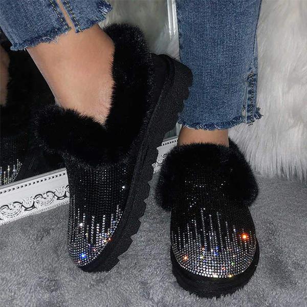 Shoeschics Women Artificial Suede Fur Split Rhinestone Slip On Boots