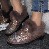Shoeschics Women Artificial Suede Fur Split Rhinestone Slip On Boots