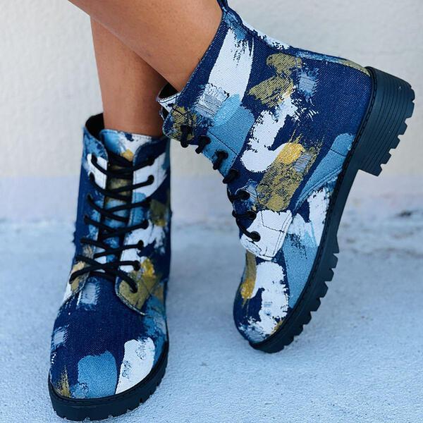 Shoeschics Women Denim Round Toe Floral Print Ankle Boots