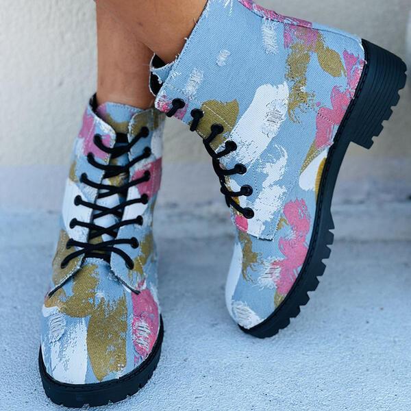 Shoeschics Women Denim Round Toe Floral Print Ankle Boots