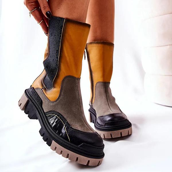 Prettyava Women Fashion Color Matching Platform Mid-length Boots