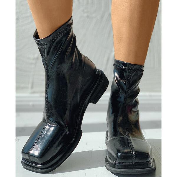 Prettyava Women Square Toe Zip Back Chunky Ankle Boots