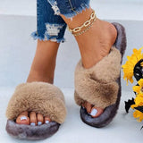 Prettyava Faux-Fur Solid Color Flat Heel Flats Slippers