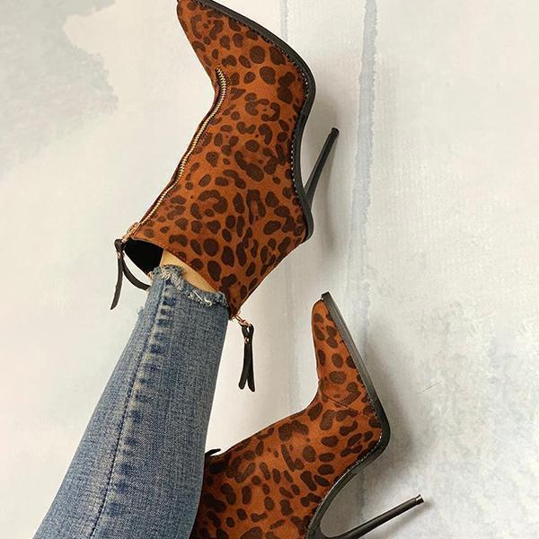 Prettyava Leopard Print Zip Up Thin Heeled Boots