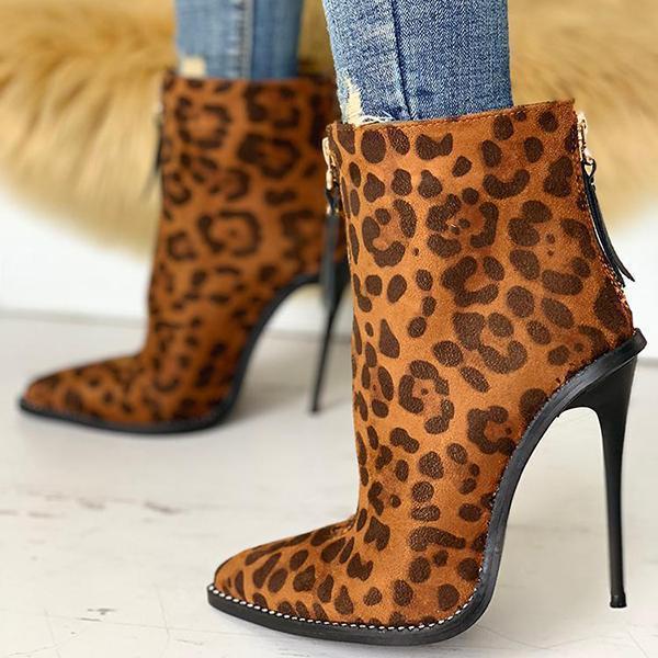 Prettyava Leopard Print Zip Up Thin Heeled Boots