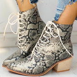 Prettyava Pointed Toe Lace-up Snakeskin Chunky Heeled Boots