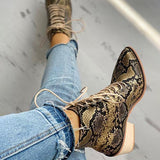 Prettyava Pointed Toe Lace-up Snakeskin Chunky Heeled Boots