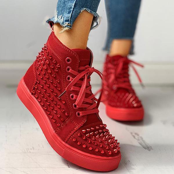 Prettyava Solid Studded Eyelet Lace-Up Casual Sneakers