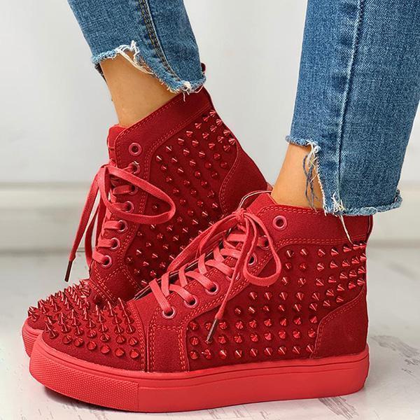 Prettyava Solid Studded Eyelet Lace-Up Casual Sneakers