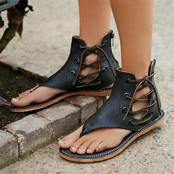 Prettyava Lace-Up Hollow-Out Flat Sandals