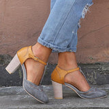 Prettyava Women Vintage Color Block Sandals Casual Chunky Heel Buckle Shoes