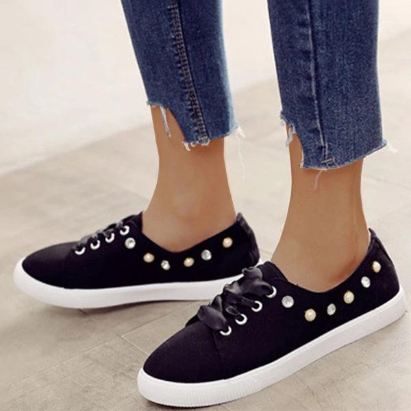 Prettyava Women Canvas Lace-up Sneakers Round Toe Casual Shoes