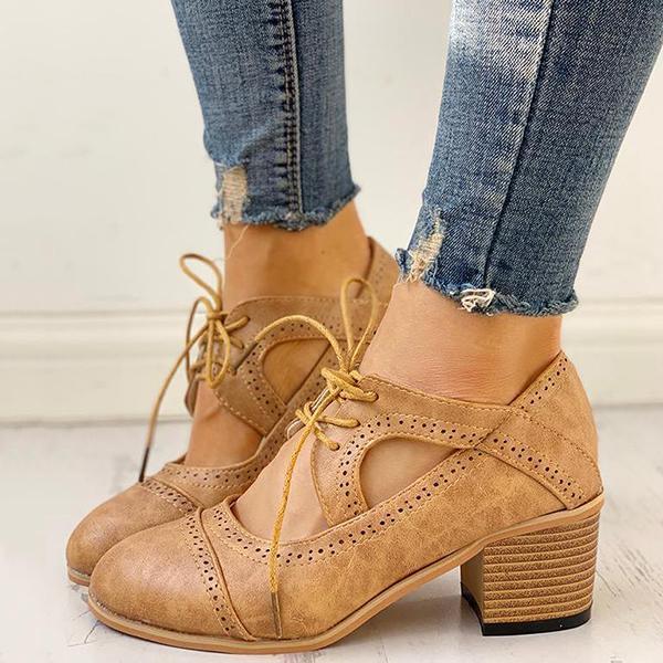 Prettyava Lace-Up Cut Out Chunky Heels