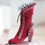 Prettyava Ruffles Lace Up High Heels Mid-Calf Boots