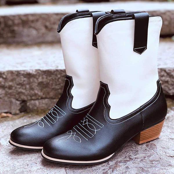Prettyava Elegant Mixed Colors Split Joint Slip On Chunky Heel Mid-Calf Boots