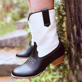 Prettyava Elegant Mixed Colors Split Joint Slip On Chunky Heel Mid-Calf Boots