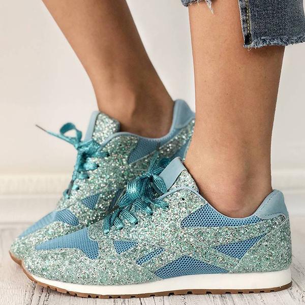 Prettyava Solid Sequined Lace-Up Sneakers