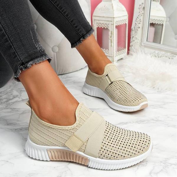 Prettyava Women Fashion Bling Rhinestones Flyknit Fabric Slip On Breathable Platform Sneakers