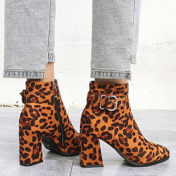 Prettyava Square Heels Zipper Leopard Print Pointed Toe Short Boots
