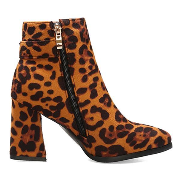 Prettyava Square Heels Zipper Leopard Print Pointed Toe Short Boots