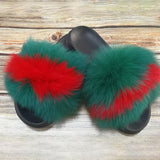 Prettyava Green Red Fox Fur Slides Sandals For Women Fur Shoes Real Fur Sandals Furry Slides Fluffy Fox Fur Slippers
