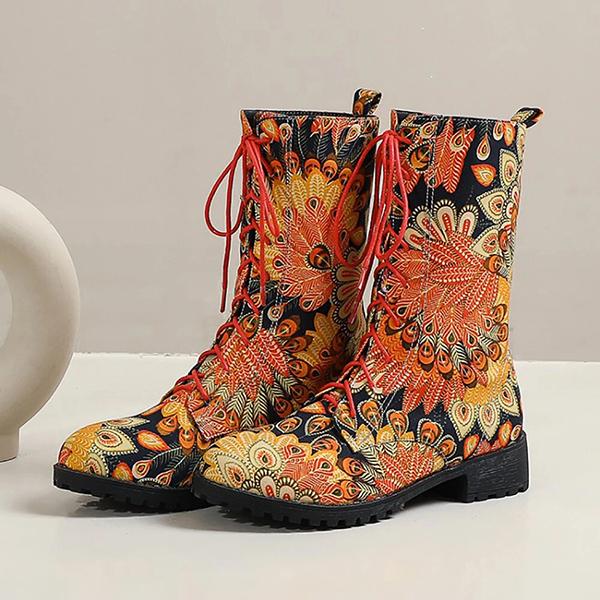 Prettyava Floral Block Heel Round Toe Lace-Up Mid-Calf Cowboy Boots
