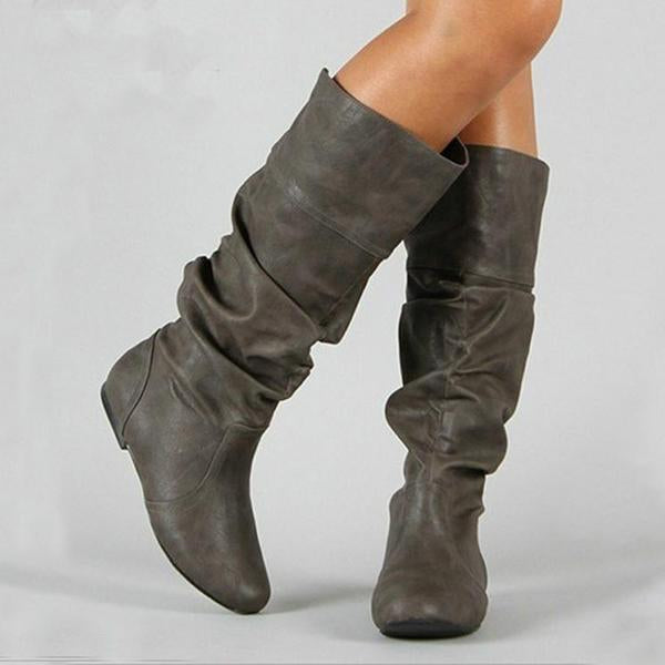 Prettyava Women Winter Fashion Simple Slip-On Wide Calf Mid-Calf Boots