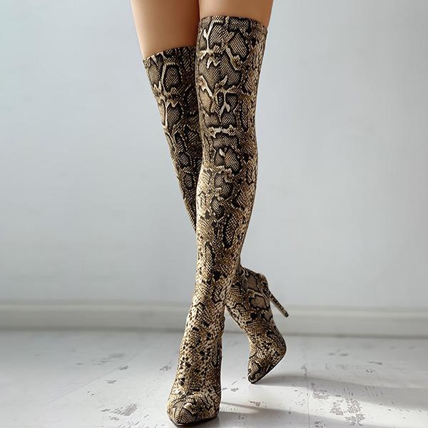 Prettyava Snakeskin Print Thin Heeled Thigh High Boots