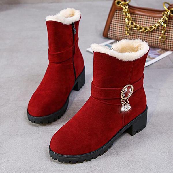 Prettyava Women Christmas Rhinestone Chunky Heel Slip On Zipper Snow Boots