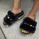 Prettyava Women Trendy Fluffy Fur Colorful Rhinestones Slippers