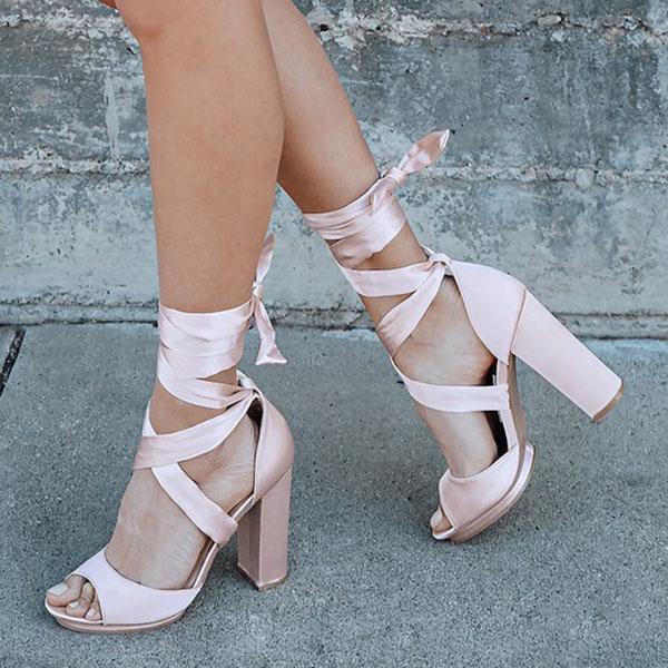 Prettyava Women Summer Solid Color Mid-Heel Strappy Sandals