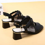 Prettyava Women Summer Black Mesh Leather Block Heel Sandals