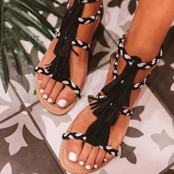 Prettyava Women Summer Black And White Braided Flat Sandals
