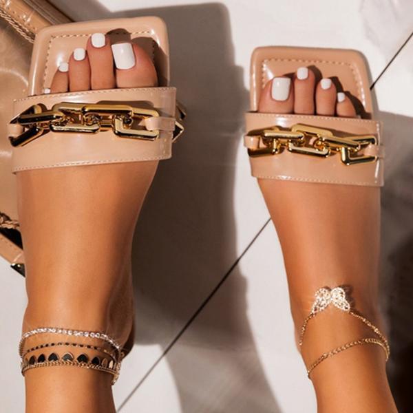 Prettyava Summer Fashion Women Flat Casual Slippers Square Toe Chain Sandals