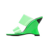 Prettyava Women Neon Green Slides Lady Transparent Strange Block Slippers