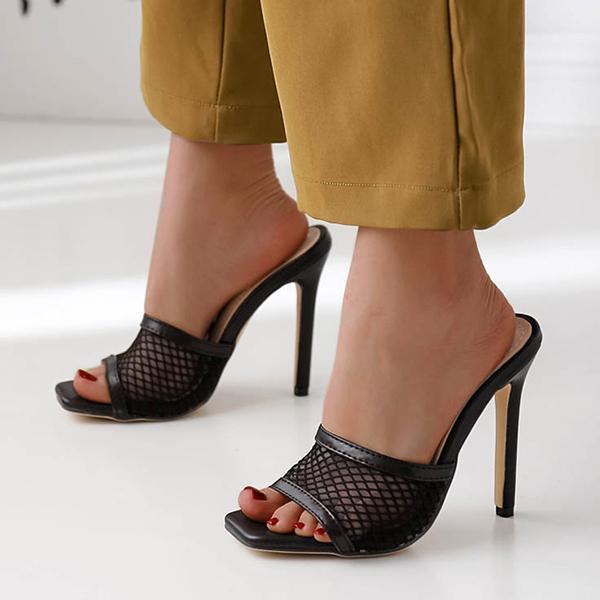 Prettyava Women Summer Mesh Leather High-Heeled Slippers
