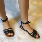 Prettyava Women Summer Leather Adjustable Buckle Flat Simple Sandals