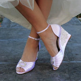 Prettyava Wedding Satin Wedge Heels Ankle Strap Sandals