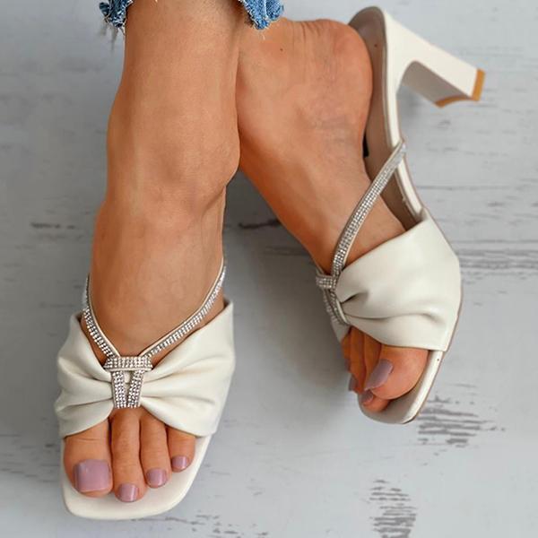 Prettyava Bowknot Decor Studded Chunky Heels Sandals