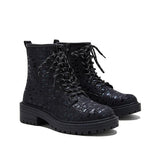 Prettyava Women Sexy Sequin Lace-Up Ankle Chunky Heel Boots