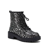 Prettyava Women Sexy Sequin Lace-Up Ankle Chunky Heel Boots